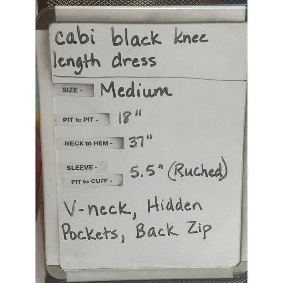 Cabi V-Neck Knee Length Dress Hidden Pockets Back Zip Ruched sleeves Size Medium - Picture 13 of 13